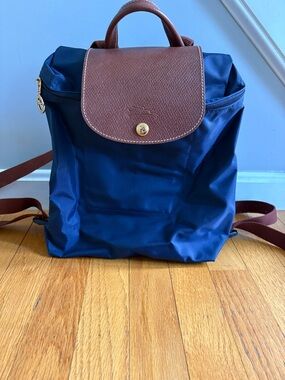 Longchamp Navy and Brown Le Pliage Small Backpack